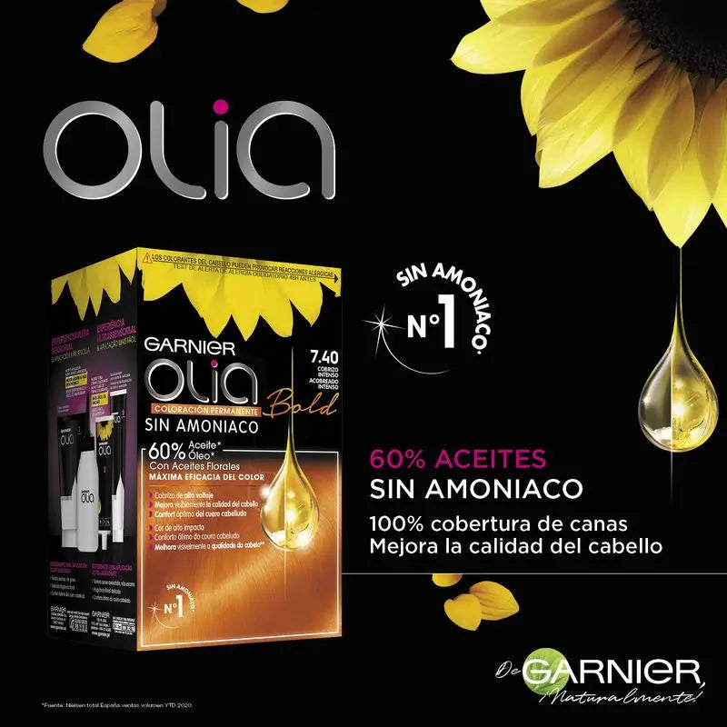 Garnier Olia Coloração Permanente sem amoníaco: cobre profundo e ousado 7.40, óleos florais, aroma agradável