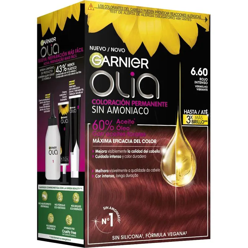 Garnier Olia Coloração Permanente sem amoníaco: vermelho forte e profundo 6,60, óleos florais, aroma agradável