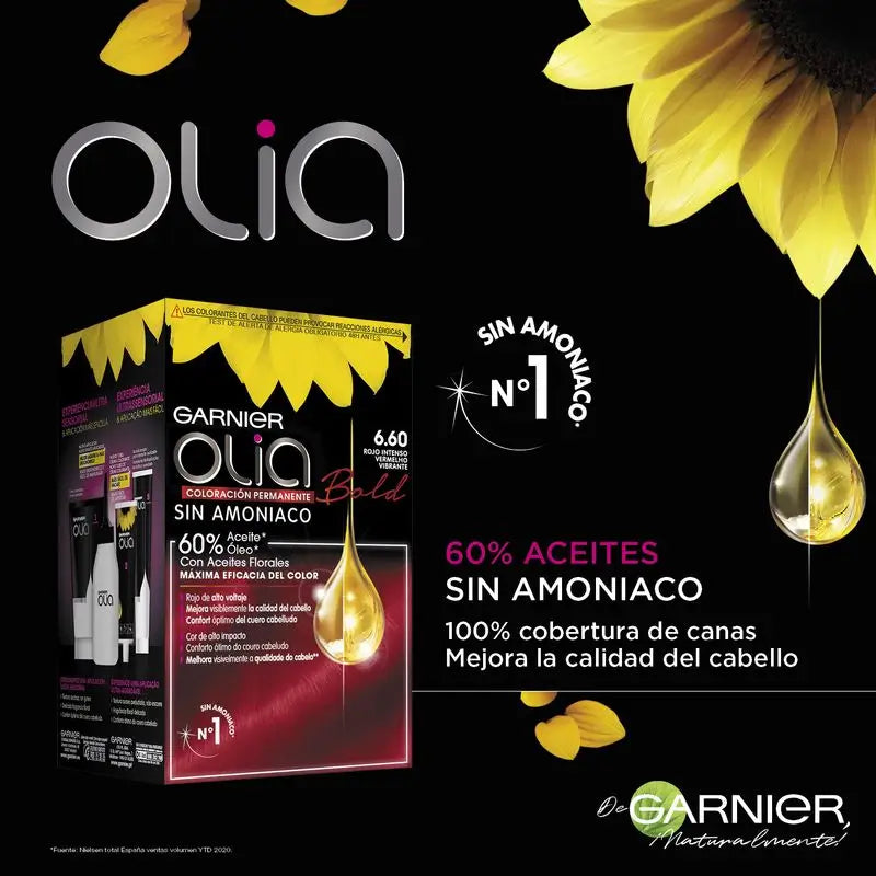 Garnier Olia Coloração Permanente sem amoníaco: vermelho forte e profundo 6,60, óleos florais, aroma agradável