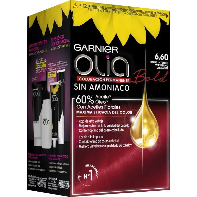 Garnier Olia Coloração Permanente sem amoníaco: vermelho forte e profundo 6,60, óleos florais, aroma agradável