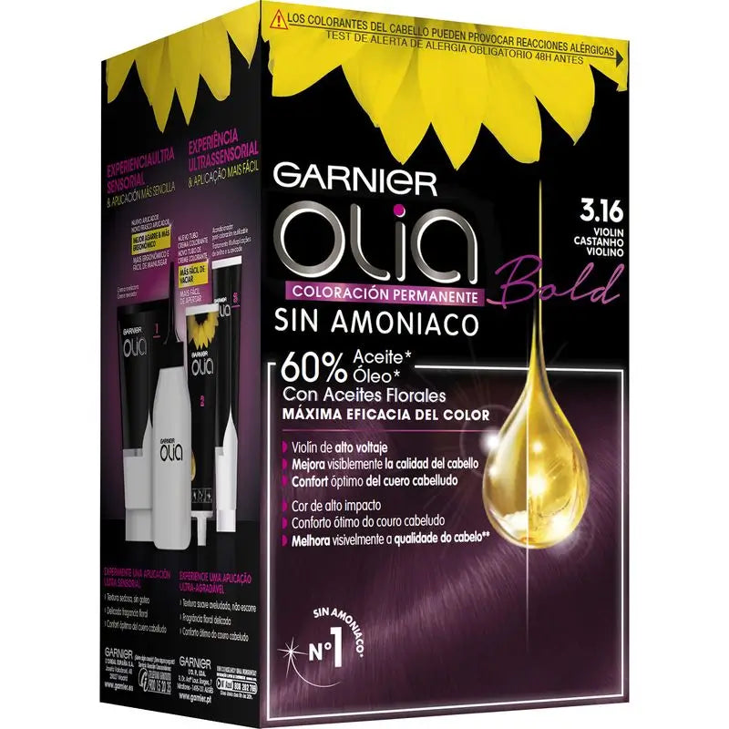 Garnier Olia Coloração Permanente sem amoníaco: violino ousado 3.16, óleos florais, aroma agradável