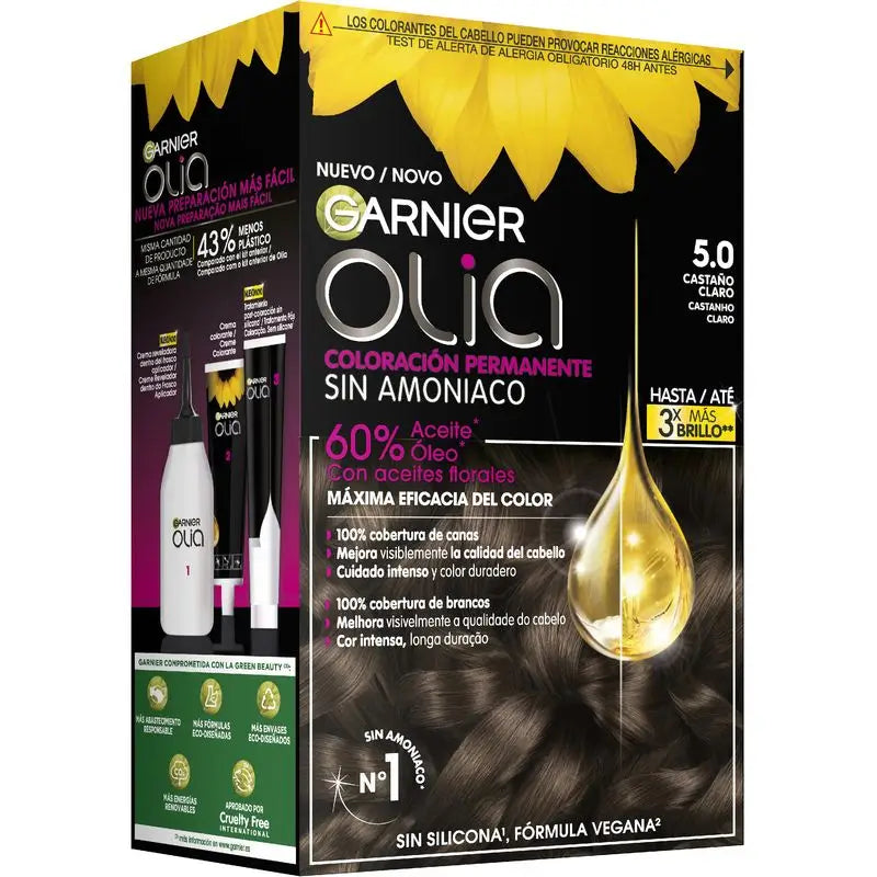 Garnier Olia Coloração Permanente sem amoníaco: castanho claro 5.0, óleos florais, aroma agradável