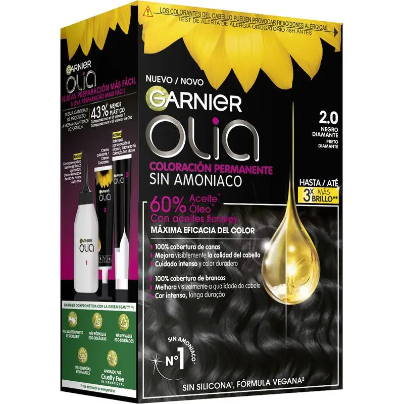 Garnier Olia Coloração Permanente sem amoníaco: diamond black 2.0, óleos florais de origem natural, aroma agradável