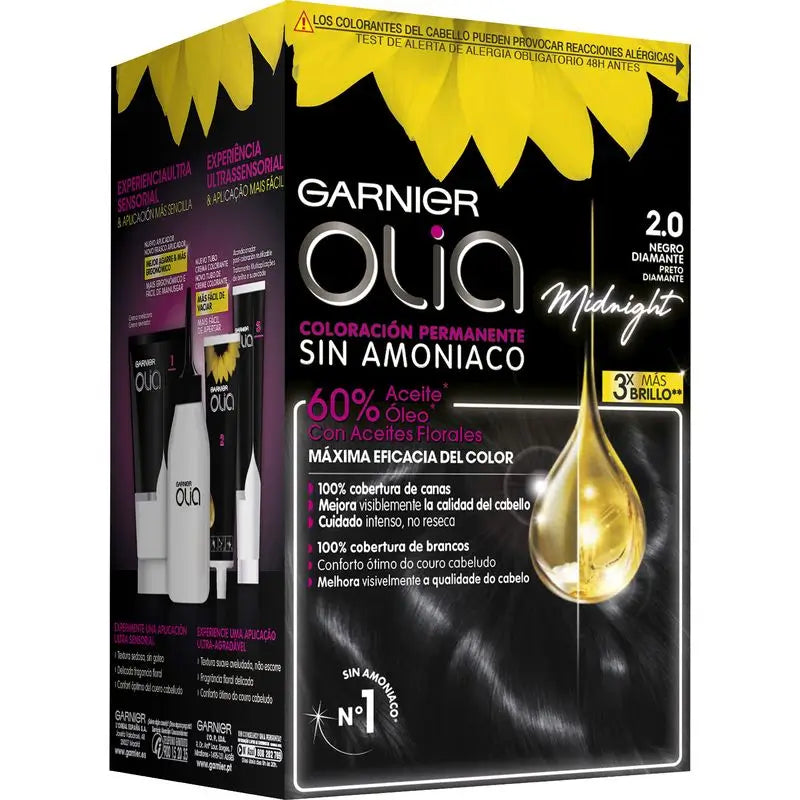 Garnier Olia Coloração Permanente sem amoníaco: diamond black 2.0, óleos florais de origem natural, aroma agradável