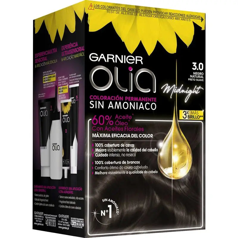 Garnier Olia Coloração Permanente sem amoníaco: preto natural 3.0, óleos florais, aroma agradável