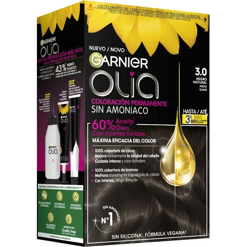 Garnier Olia Coloração Permanente sem amoníaco: preto natural 3.0, óleos florais, aroma agradável