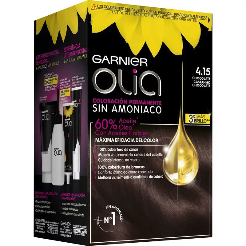 Garnier Olia Coloração Permanente sem amoníaco: chocolate 4.15, óleos florais, aroma agradável