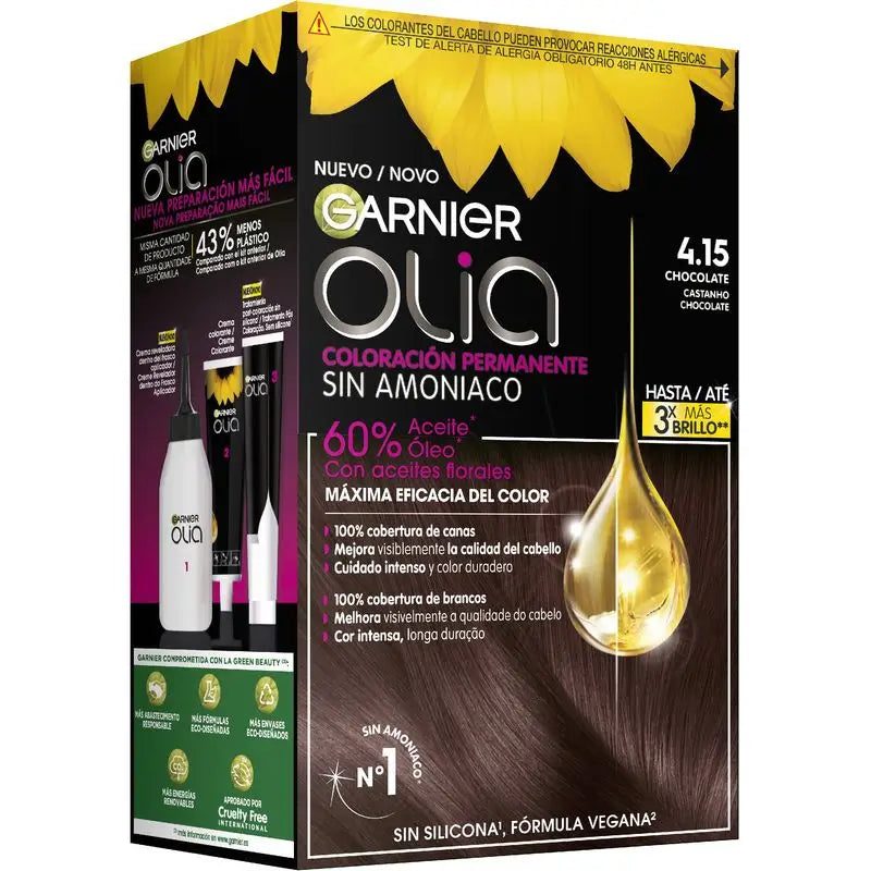 Garnier Olia Coloração Permanente sem amoníaco: chocolate 4.15, óleos florais, aroma agradável