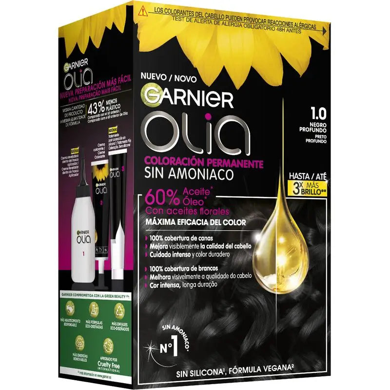 Garnier Olia Coloração Permanente sem amoníaco: preto ébano 1.0, óleos florais, aroma agradável