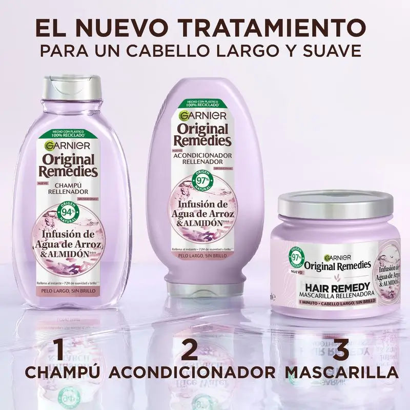 Champô Garnier Ultra Doux Água de Arroz com água de arroz para cabelos compridos e baços.