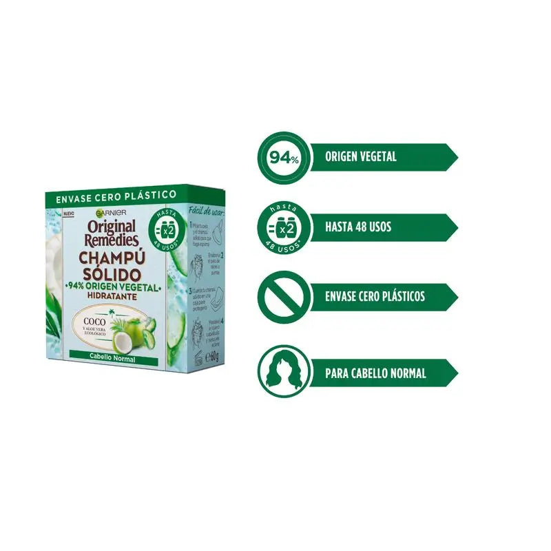 Champô sólido Garnier Original Remedies - Coco e Aloé Vera Orgânico Para Cabelos Normais, Raízes Oleosas