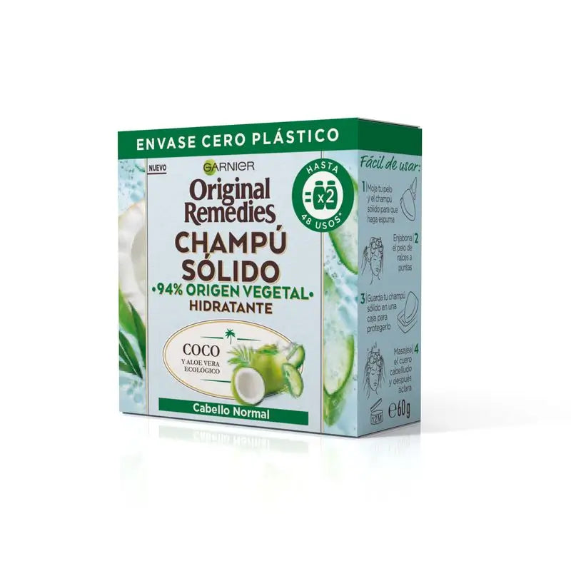 Champô sólido Garnier Original Remedies - Coco e Aloé Vera Orgânico Para Cabelos Normais, Raízes Oleosas