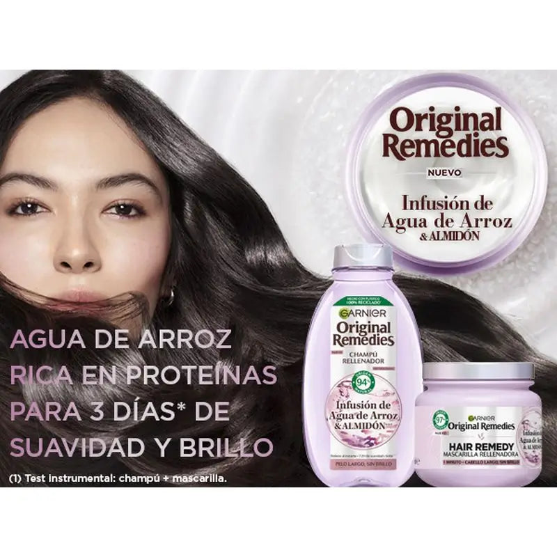 Máscara Garnier Ultra Doux Água de Arroz com água de arroz para cabelos compridos e baços.