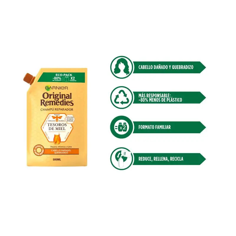 Garnier Original Remedies Garnier Original Remedies Champô Tesouros de Mel Eco Pack Para Cabelos Danificados, 500 Ml