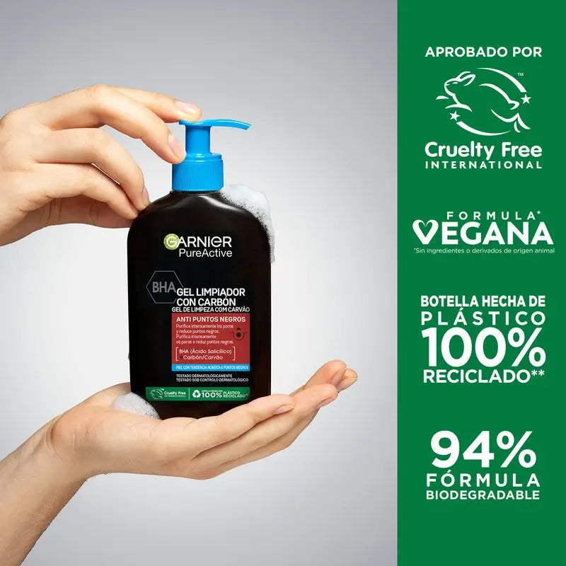 Garnier Pure Active gel de limpeza anti-cravos com carvão vegetal e ácido salicílico, purifica os poros.