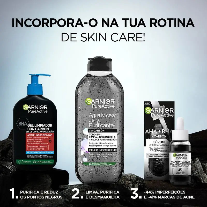 Garnier Pure Active gel de limpeza anti-cravos com carvão vegetal e ácido salicílico, purifica os poros.