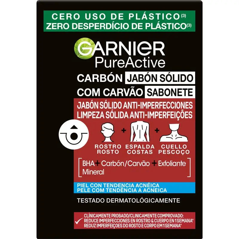 Garnier Skinactive Garnier Pure Active Sabonete sólido anti-espinhas com carvão vegetal e ácido salicílico para rosto, corpo e costas