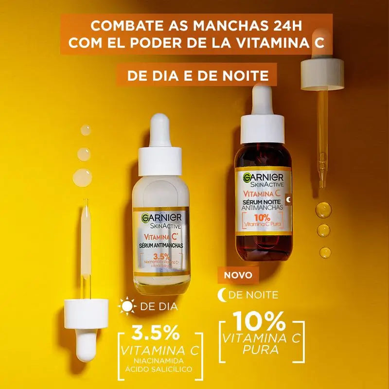 Sérum de noite anti-manchas Garnier Skin Active com 10% de vitamina C pura, resultados clinicamente comprovados.