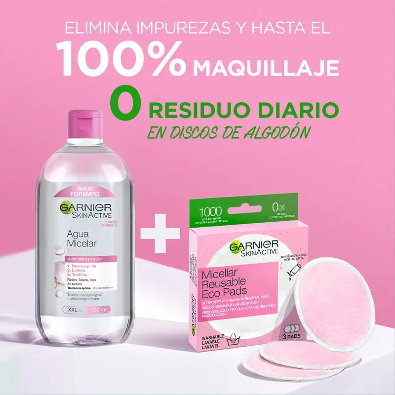 Discos desmaquilhantes de microfibra reutilizáveis Garnier Skin Active. Laváveis até 1000 vezes, adequados para todos os tipos de pele.