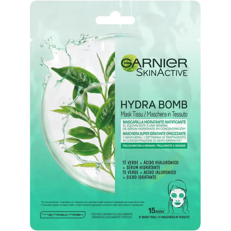 Garnier Skin Active Mask Tissu Hydra Bomb Máscara Hidratante Matificante com Ácido Hialurónico e Chá Verde