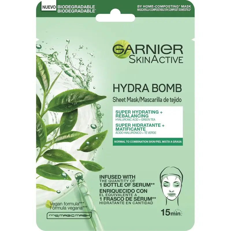 Garnier Skin Active Mask Tissu Hydra Bomb Máscara Hidratante Matificante com Ácido Hialurónico e Chá Verde