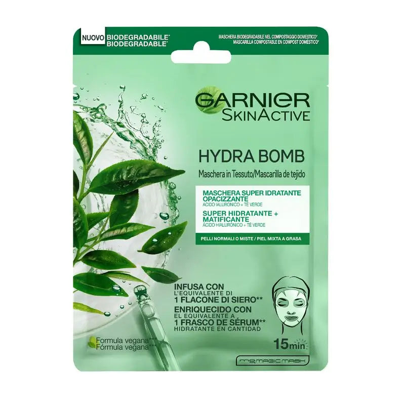 Garnier Skin Active Mask Tissu Hydra Bomb Máscara Hidratante Matificante com Ácido Hialurónico e Chá Verde