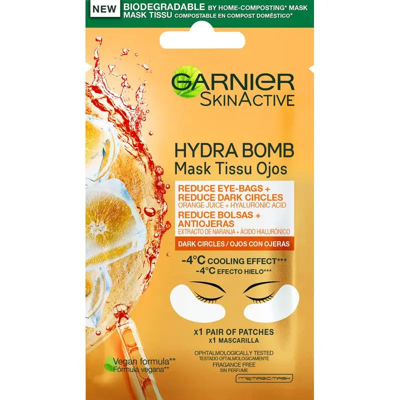 Garnier Skin Active Mask Tissue Contorno dos Olhos Anti-fadiga e Anti-olheiras com Ácido Hialurónico e Extrato de Laranja