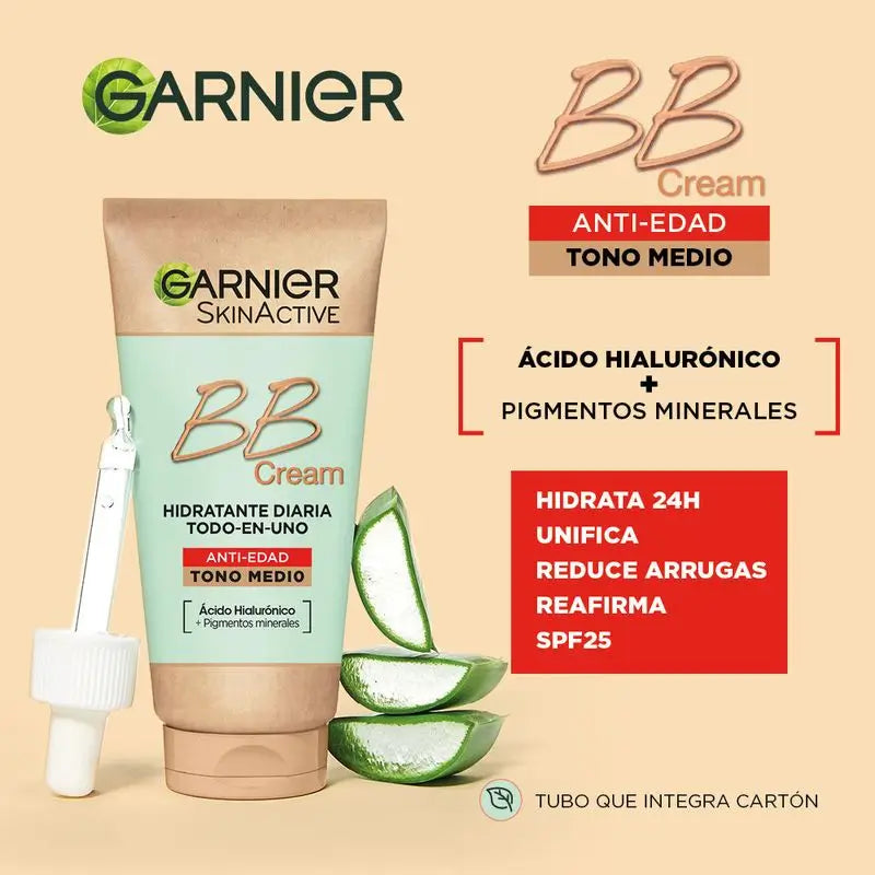 Garnier Skinactive BB Cream Anti-Idade Tom Médio com Ácido Hialurónico, Aloé Vera e Pigmentos , 50 ml