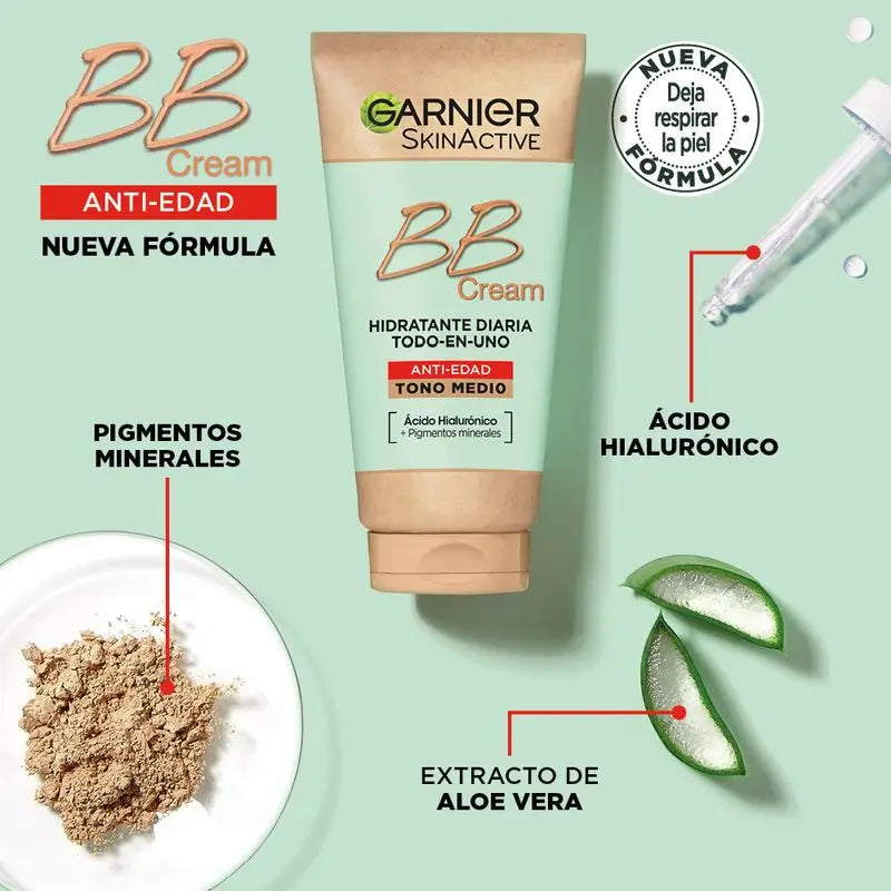 Garnier Skinactive BB Cream Anti-Idade Tom Médio com Ácido Hialurónico, Aloé Vera e Pigmentos , 50 ml