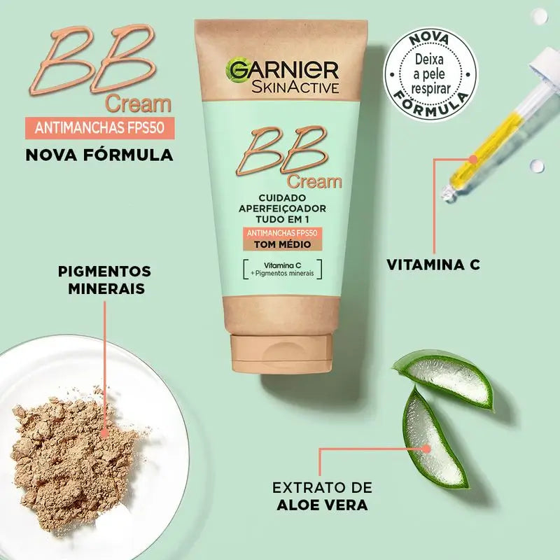 Garnier Skinactive BB Cream Anti-Blemish SPF50 Tom Médio hidrata, uniformiza, corrige e ilumina com Vitamina C e Pigmentos , 50 ml