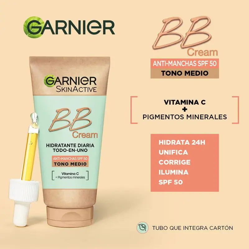 Garnier Skinactive BB Cream Anti-Blemish SPF50 Tom Médio hidrata, uniformiza, corrige e ilumina com Vitamina C e Pigmentos , 50 ml