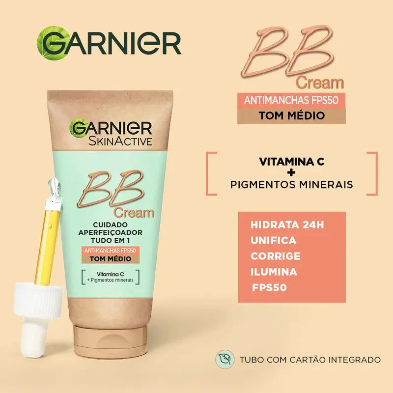 Garnier Skinactive BB Cream Anti-Blemish SPF50 Tom Médio hidrata, uniformiza, corrige e ilumina com Vitamina C e Pigmentos , 50 ml