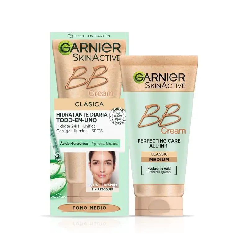 Garnier Skinactive BB Cream Clássico Tom Médio e Claro com Ácido Hialurónico, Aloé Vera e Pigmentos , 50 ml