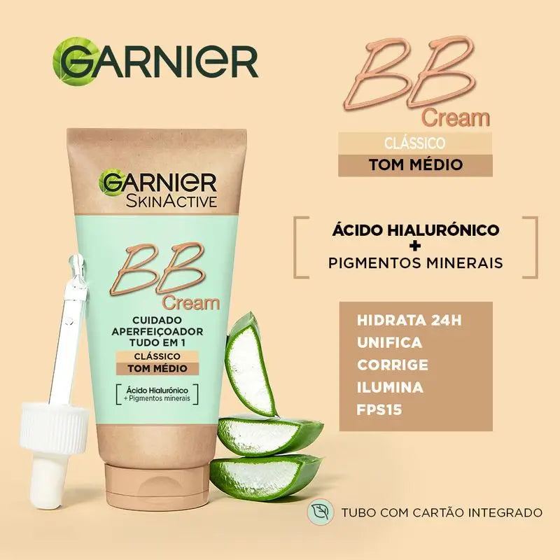 Garnier Skinactive BB Cream Clássico Tom Médio e Claro com Ácido Hialurónico, Aloé Vera e Pigmentos , 50 ml