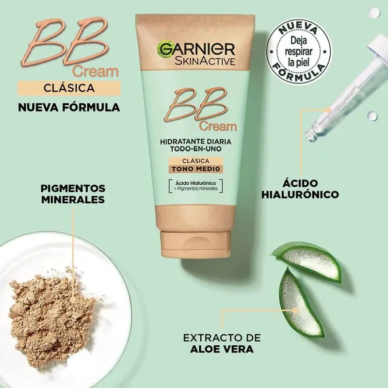 Garnier Skinactive BB Cream Clássico Tom Médio e Claro com Ácido Hialurónico, Aloé Vera e Pigmentos , 50 ml