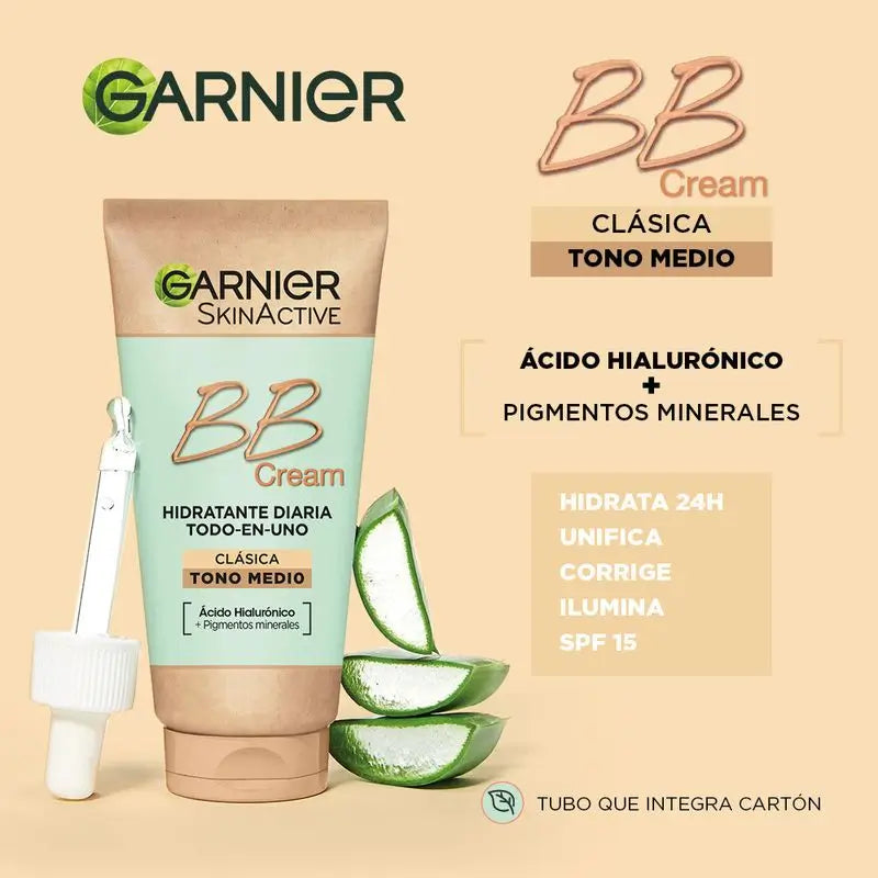 Garnier Skinactive BB Cream Clássico Tom Médio e Claro com Ácido Hialurónico, Aloé Vera e Pigmentos , 50 ml