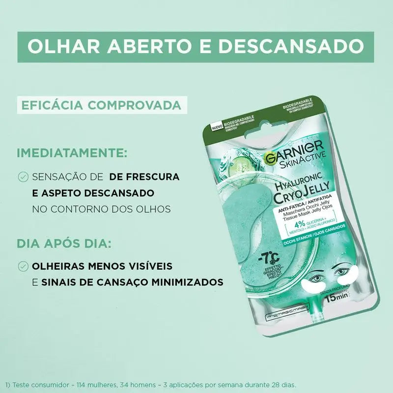 Garnier Tissue Mask Hyaluronic Cryo Jelly Anti-Fatigue Eye Contour Mask. 4% Glicerina + Mentol + Ácido Hialurónico.