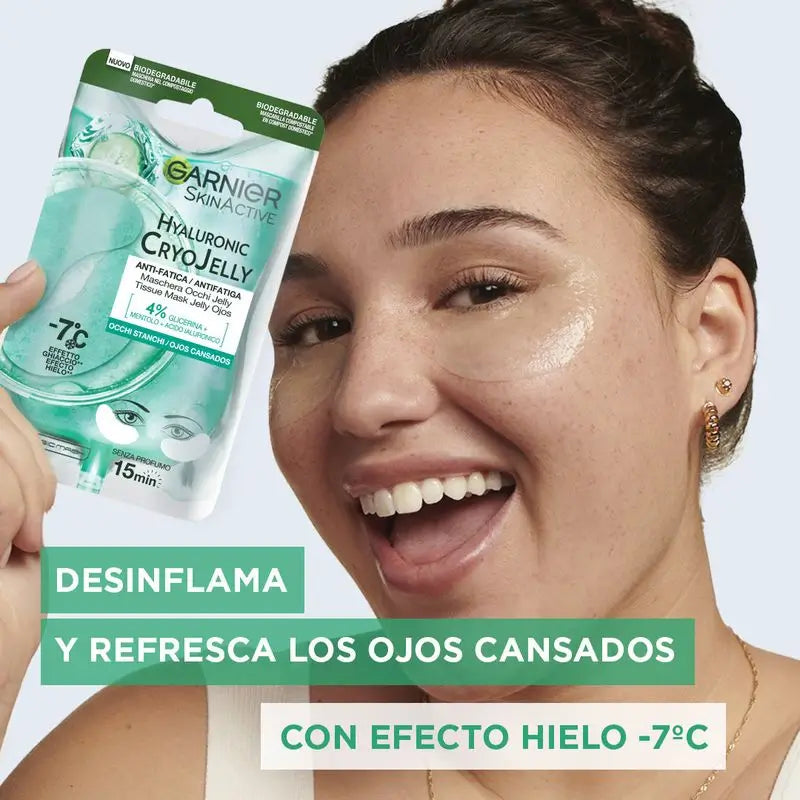 Garnier Tissue Mask Hyaluronic Cryo Jelly Anti-Fatigue Eye Contour Mask. 4% Glicerina + Mentol + Ácido Hialurónico.