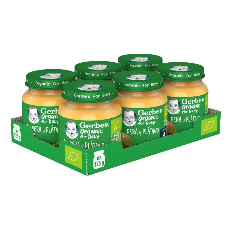 GERBER Pack Frascos de Platano de Pera Biológica, 125g x 6 unidades