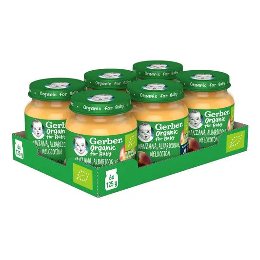 GERBER Pack Tarritos Biológicos de Maçã, Alperce e Pêssego , 125g x 6 unidades