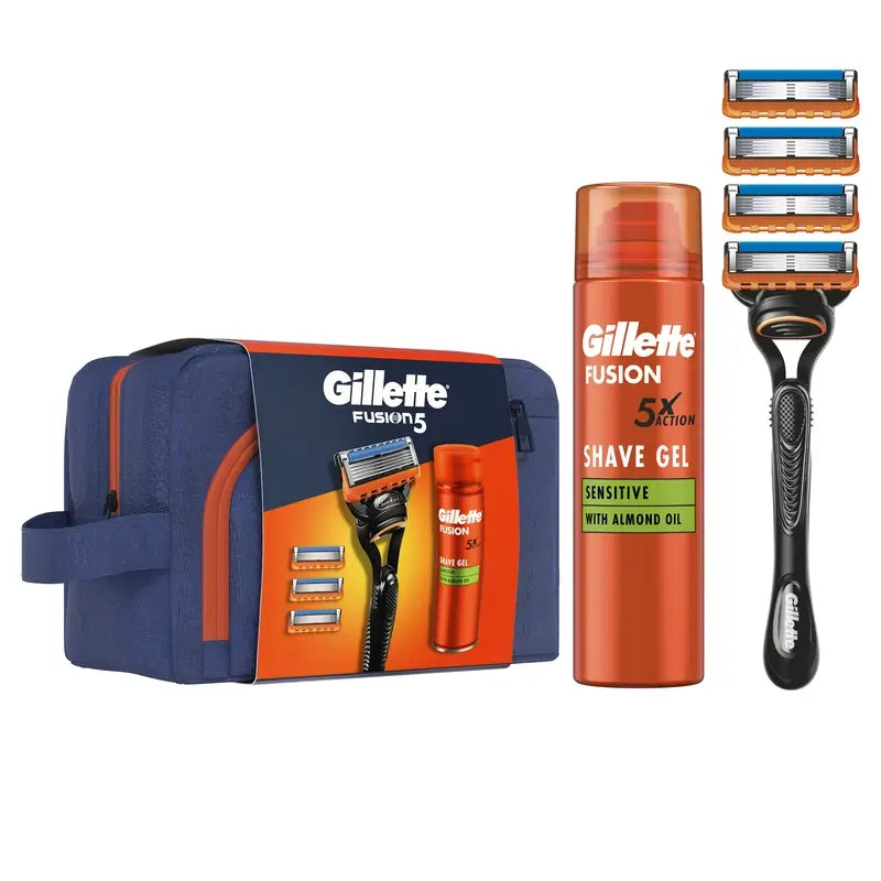 Gillette Fusion Pack com lâmina de barbear + gel de barbear para peles sensíveis 200 ml