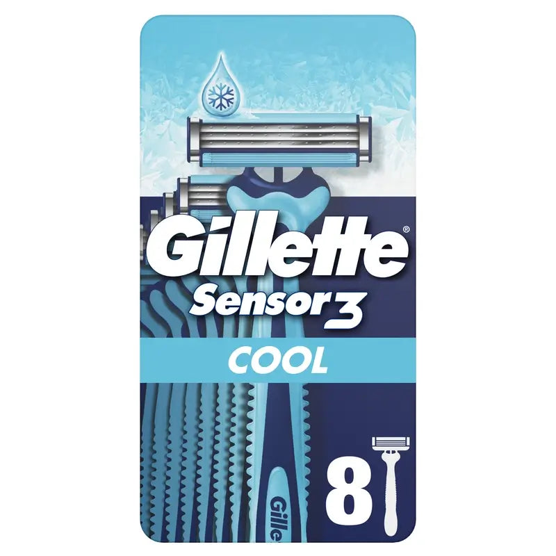 Gillette Sensor3 Cool Navalhas descartáveis para homem Tira lubrificante de eucalipto, 8 unid.