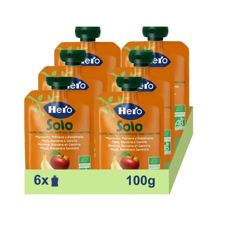 Pacote Bebé Hero Eco Hero Solo Saqueta de Maçã, Banana e Cenoura, 6 X 100 gramas