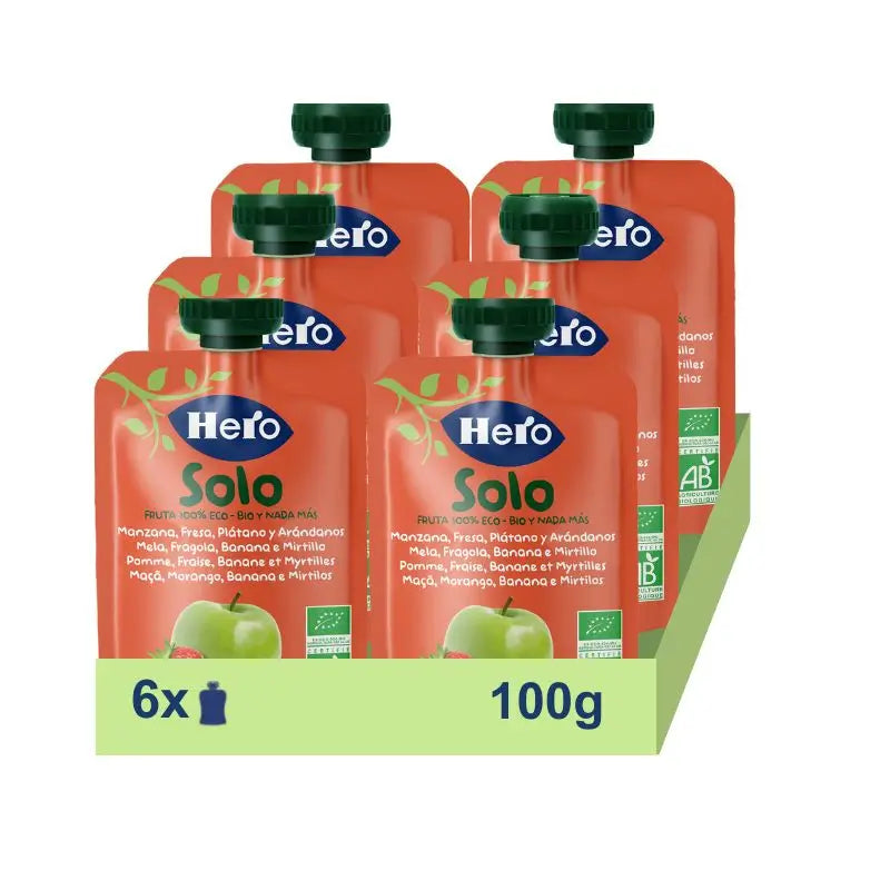 Hero Baby Pack Eco Sachê Maçã, Morango, Banana e Mirtilo Apenas, 6 X 100 gramas