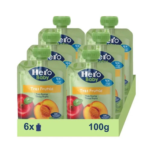 Hero Baby Pacote de saquetas de três frutos, 6 x 100 gramas