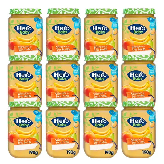 Frasco de seleção de três frutos Hero Baby Pack, 12 x 190 g