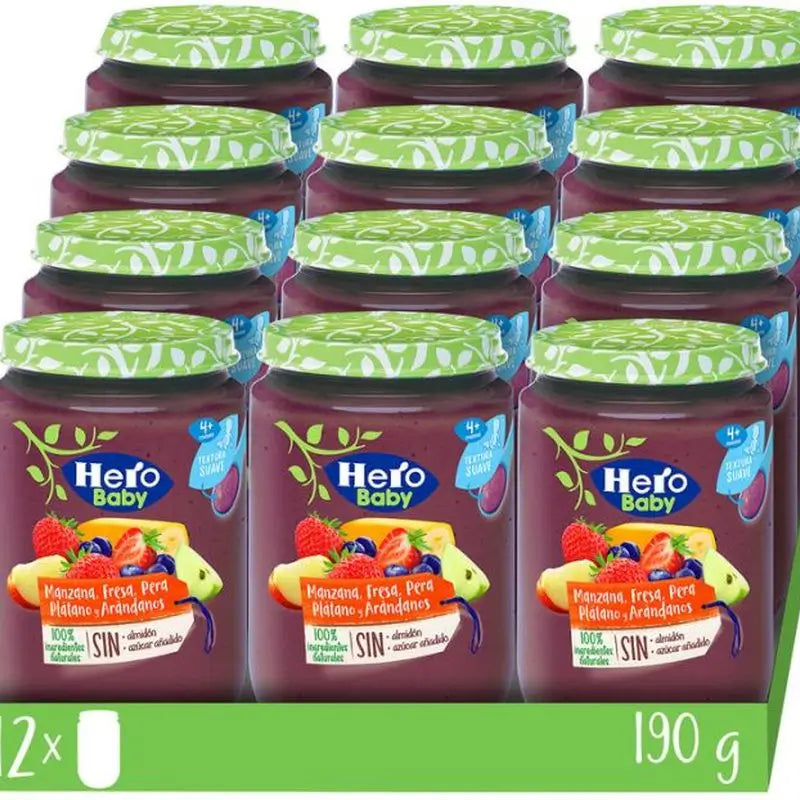 Pack Hero Baby 12X Hero Baby Banana, Maçã, Pera, Morango, Morango e Mirtilo, 190g