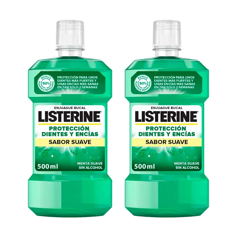 Listerine Duplo Elixir Bucal Proteção dos Dentes e Gengivas Elixir Bucal Menta Suave Sem Álcool, 2 x 500 ml