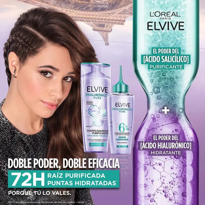 L'Oréal Paris Elvive Champô Puro Hialurónico: Limpa, Hidrata, Dá Brilho e Corpo, Sem Silicone, 400Ml