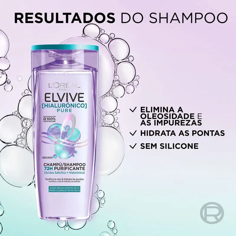 L'Oréal Paris Elvive Champô Puro Hialurónico: Limpa, Hidrata, Dá Brilho e Corpo, Sem Silicone, 400Ml